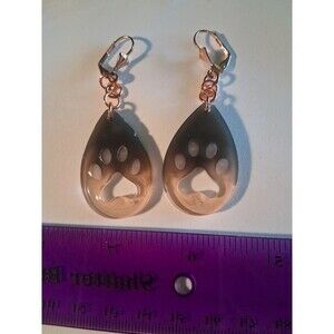 Black  Carmel  Paw Print 1.25 Inch Dangle Resin Earrings Copper Finding Handmade